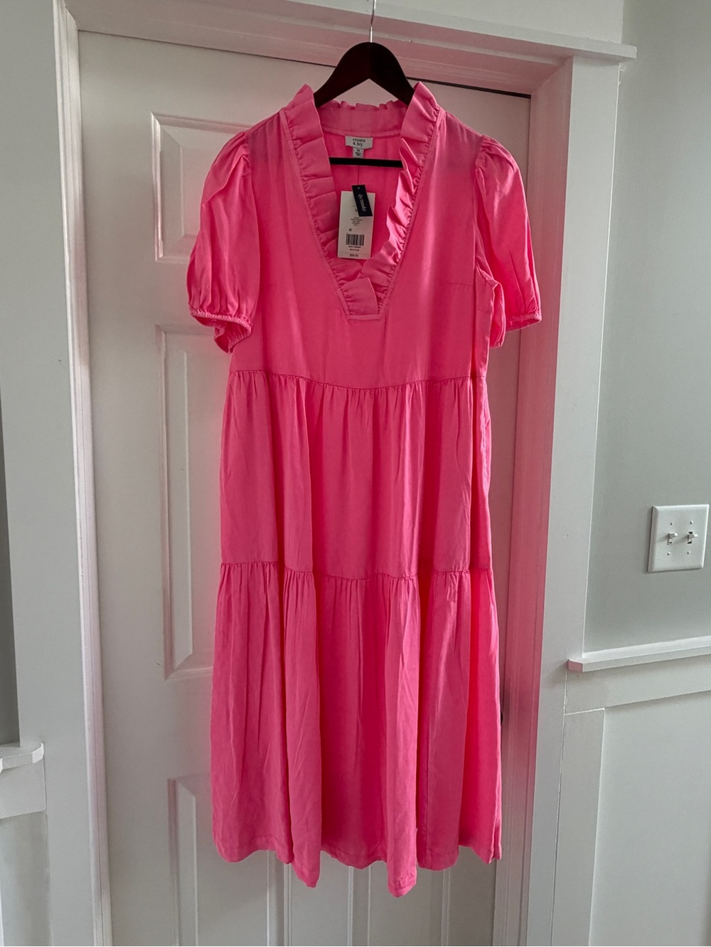 Bright Pink Ruffle V-Neck Dress with pockets